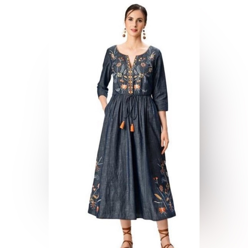 Eshakti Floral Vine Embroidery Cotton Midi Dress size 3X blue